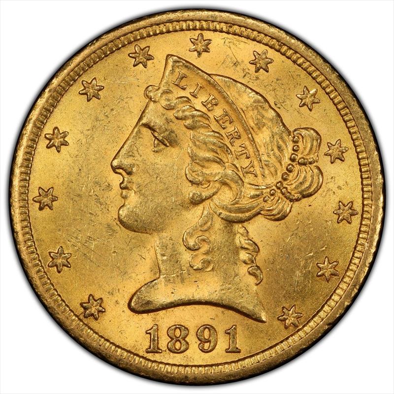 1891-CC $5 PCGS MS 63+ CAC
