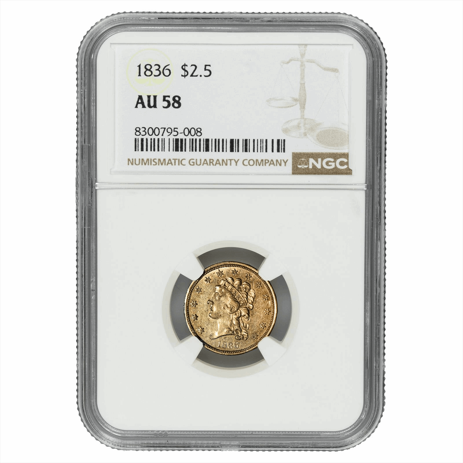 1836 Classic Head Gold Quarter Eagle $2.5 NGC AU 58