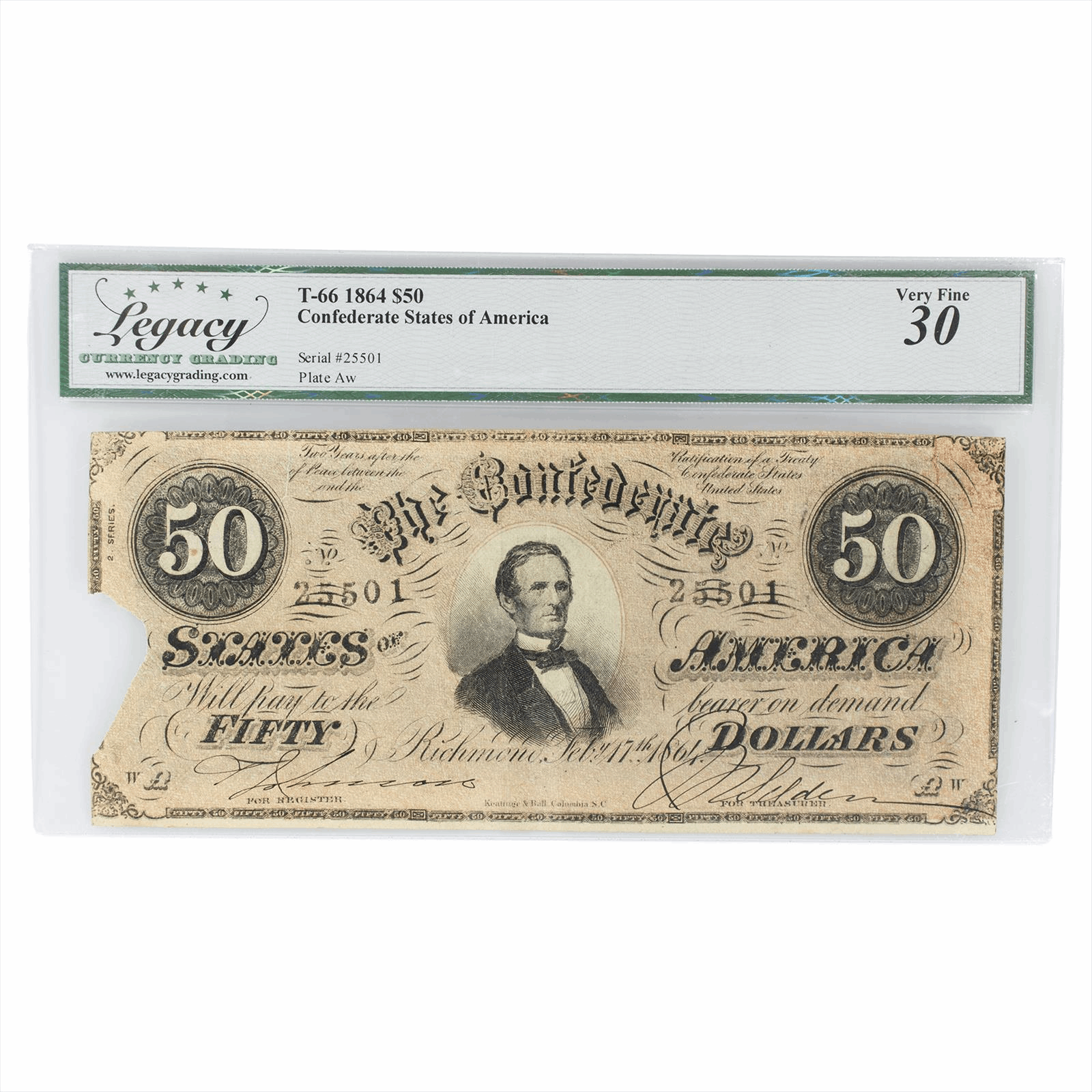 T66 1864 Confederate States of America Note $50 Legacy VF 30
