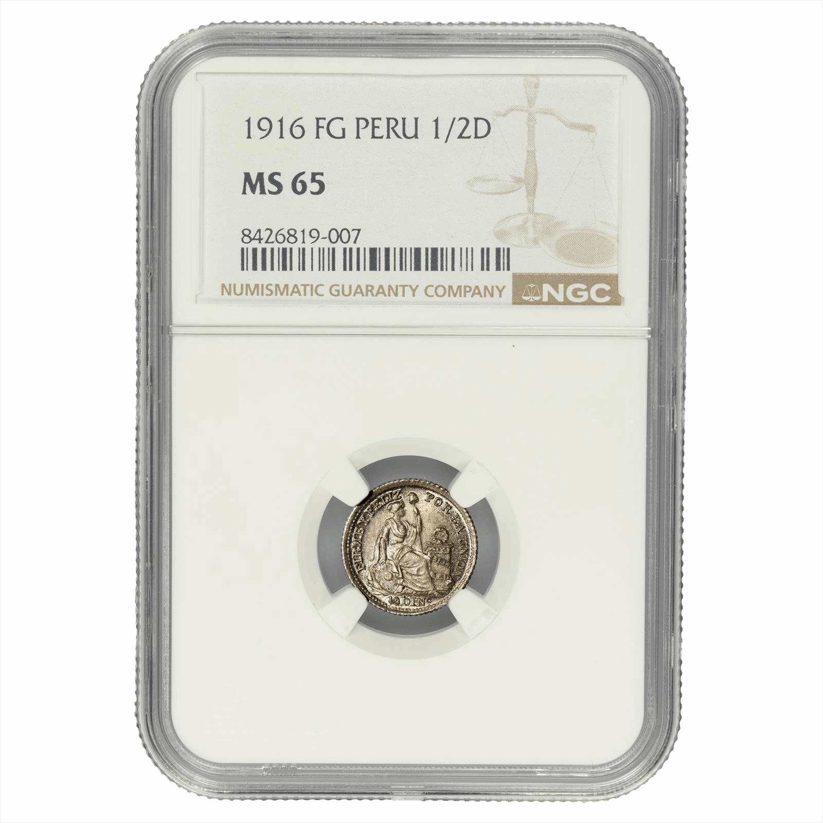 1916 FG Peru 1/2 Dinero NGC MS 65