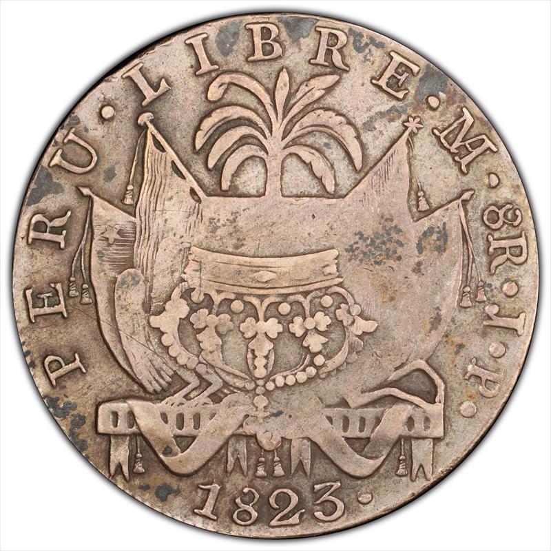 W Peru 1824 8 Reales Royalist C/S 1823 Host KM-130 PCGS VF30 C/M VF DET 