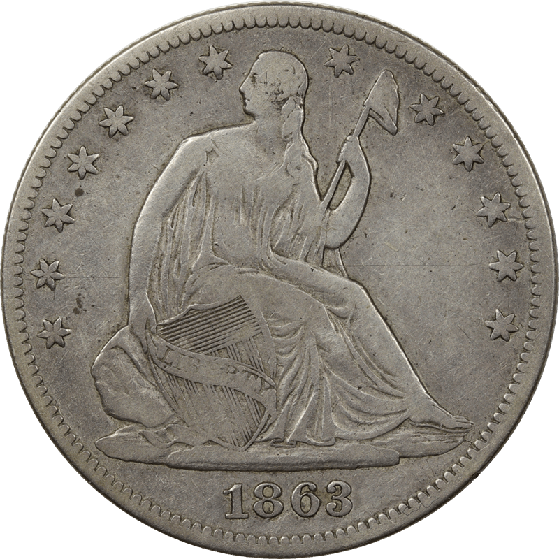 1863 Seated Liberty Half Dollar 50c  Circulated, Very Fine