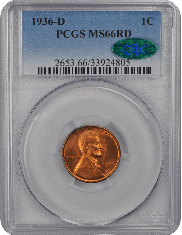 1936-D Lincoln Wheat PCGS (CAC) MS 66 RD