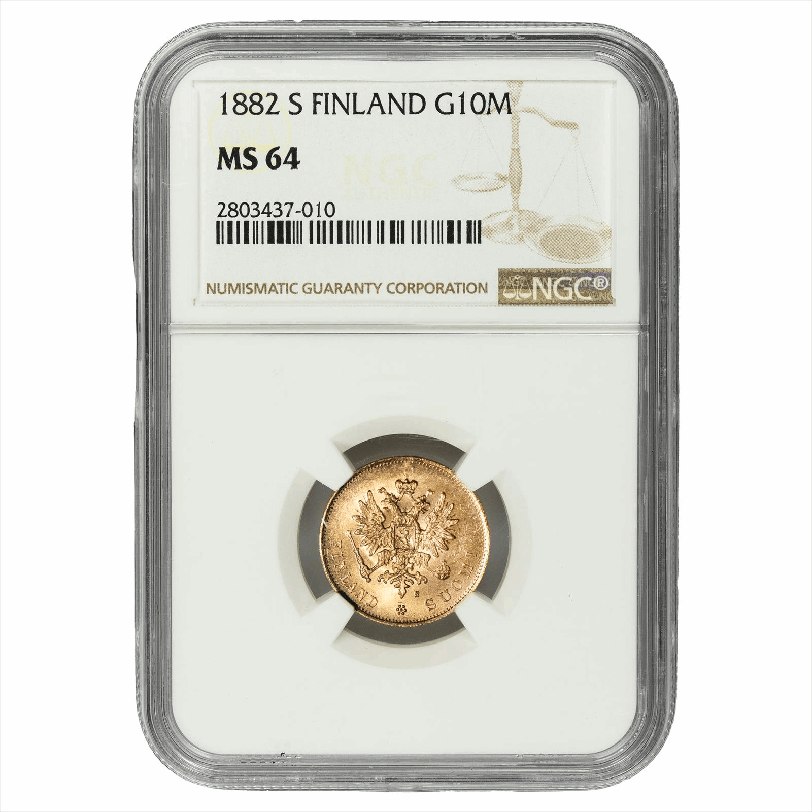 1882-S Finland Gold 10 Markkaa NGC MS 64