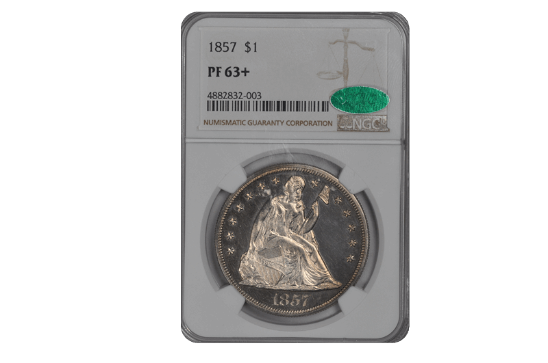 1857  Seated Liberty Dollar NGC (CAC) PF 63 + 