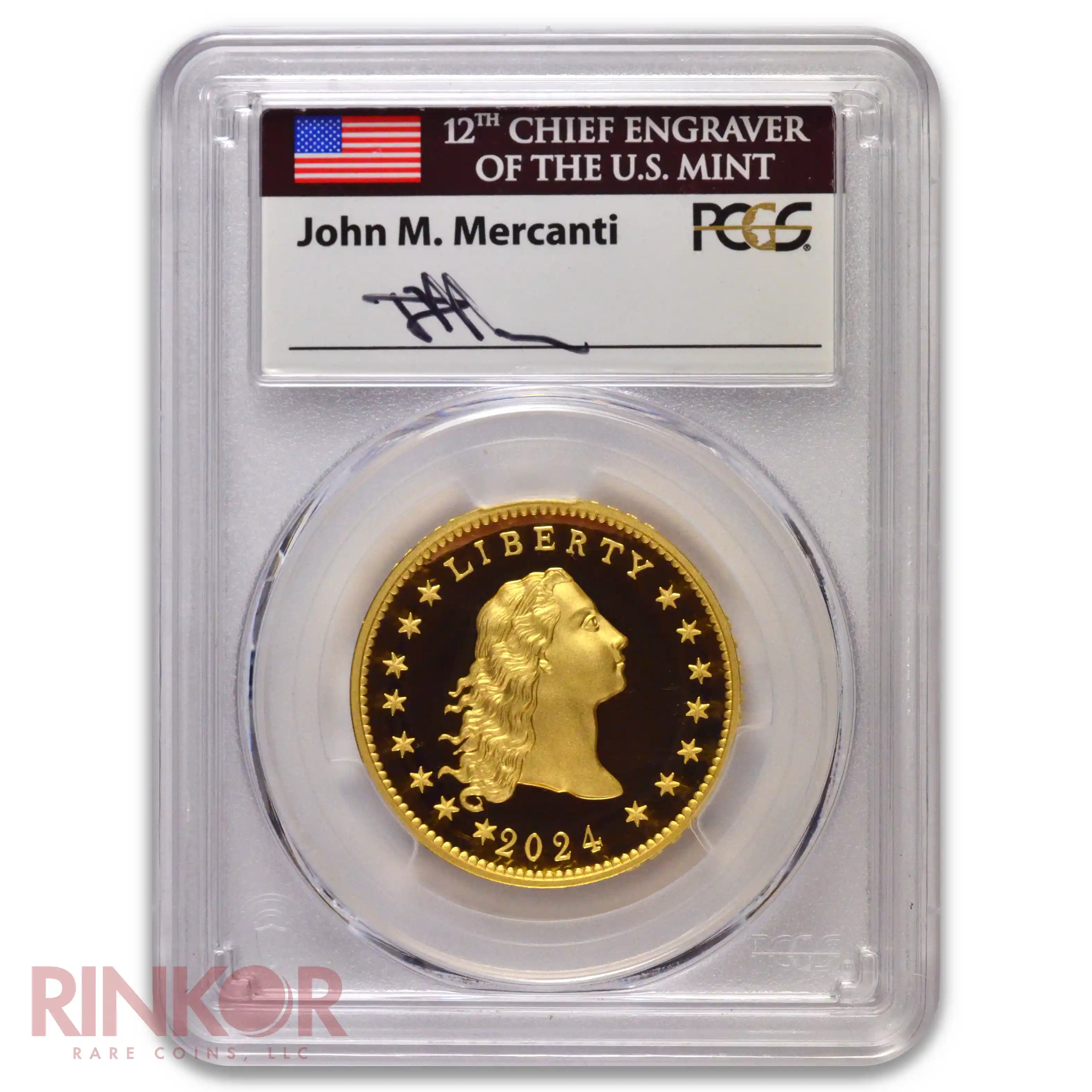 2024 1oz Flowing Hair 230th Anniversary Gold High Relief Mercanti Sig PCGS PR 70