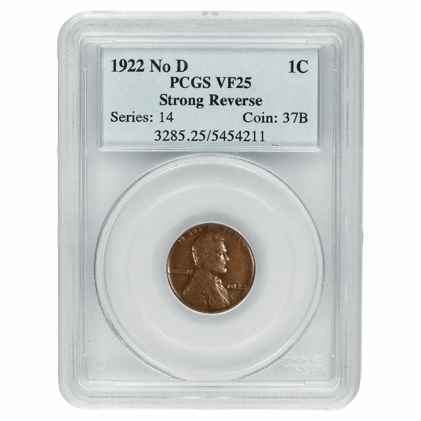 1922 No D Lincoln Wheat Cent 1C Strong Reverse PCGS VF 25 BN
