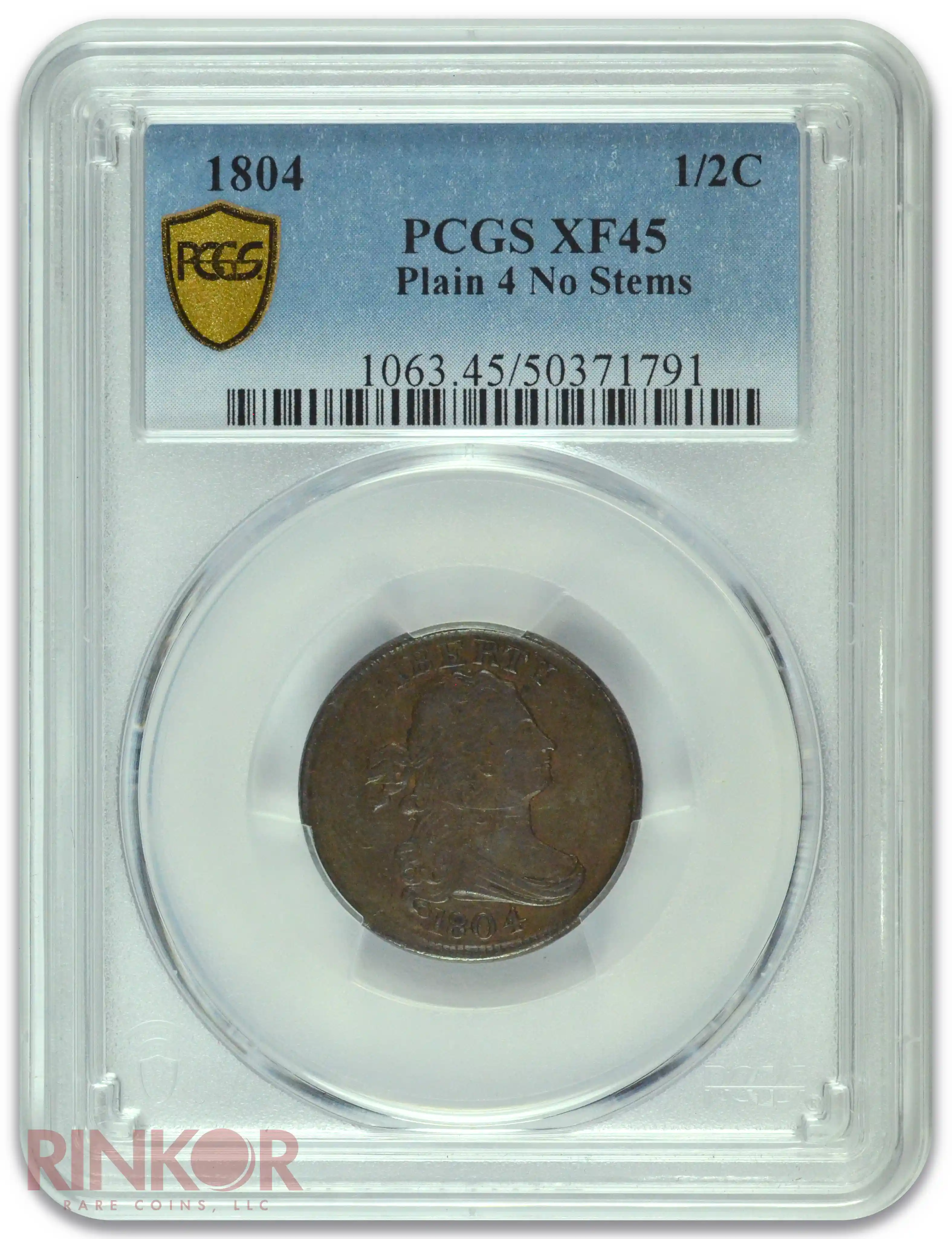 1804 Plain 4 No Stems Draped Bust Half Cent PCGS XF-45