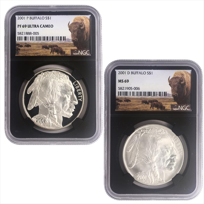 2001 2-Coin Buffalo Silver Dollar Set NGC MS 69 / PF 69 Ultra Cameo