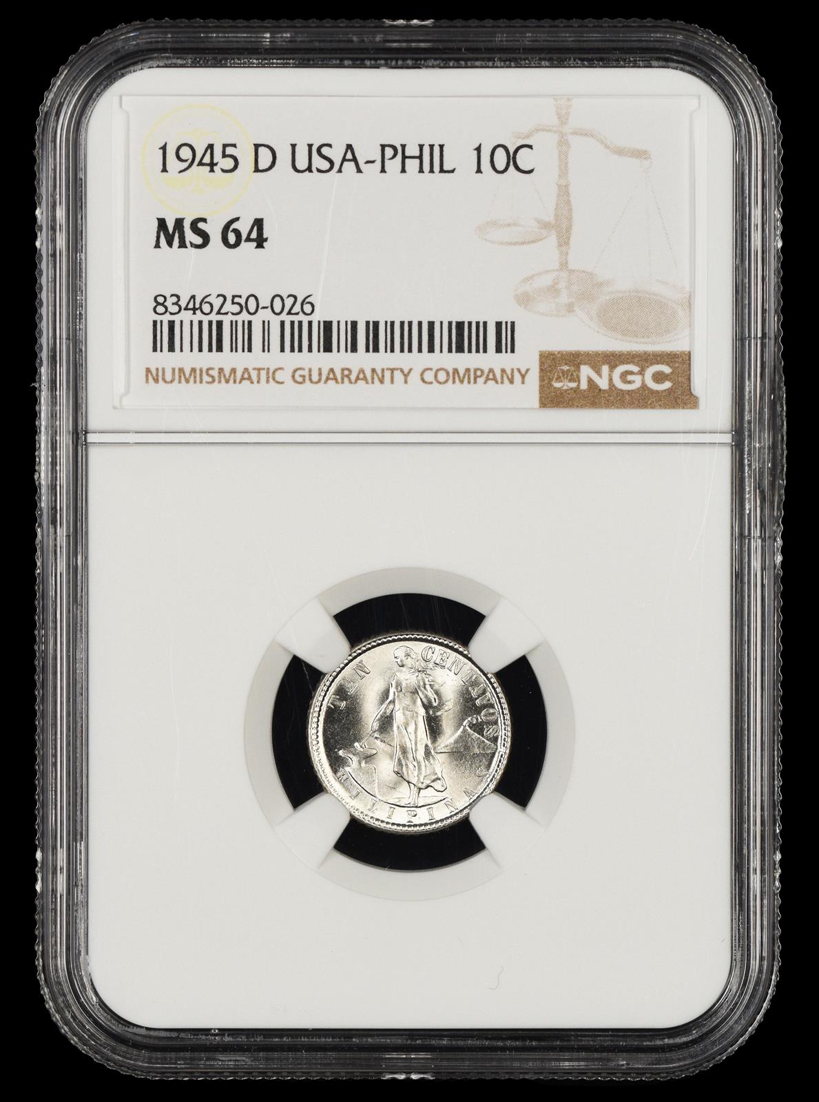 1945 D Philippines 10 Centavos NGC MS64
