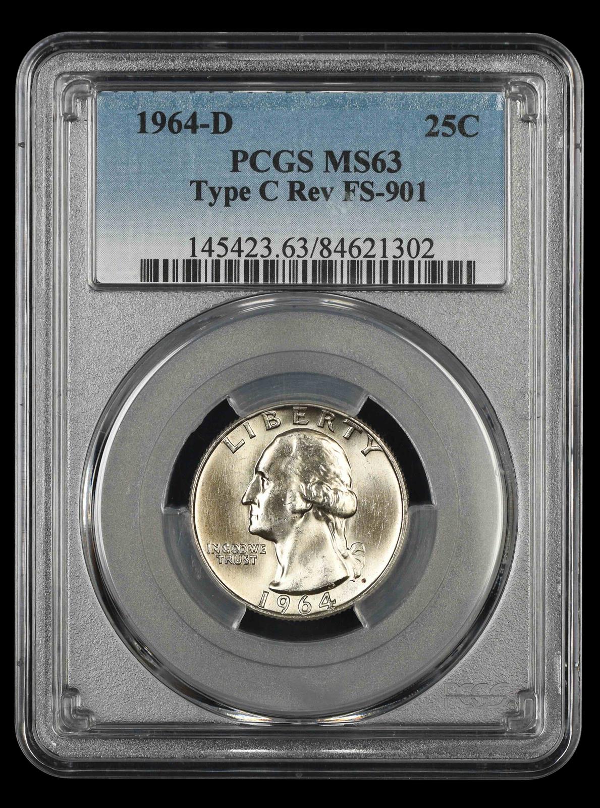 1964 D Washington Quarter PCGS MS63 Type C Reverse FS-901 MS63