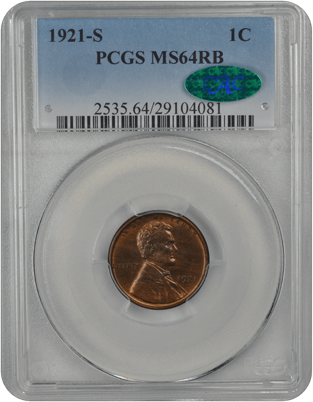 1921-S 1C Lincoln Cent - Type 1 Wheat Reverse PCGS RB (CAC) #3561-1 MS64