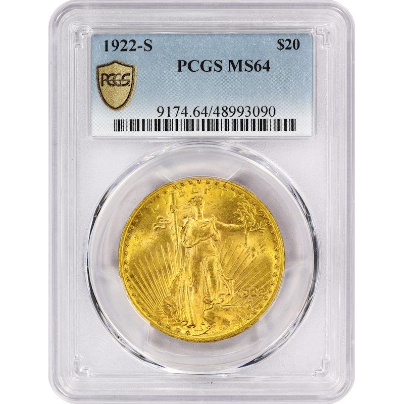 1922-S St. Gaudens $20 Gold Piece, PCGS MS-64 - Very Rare Date