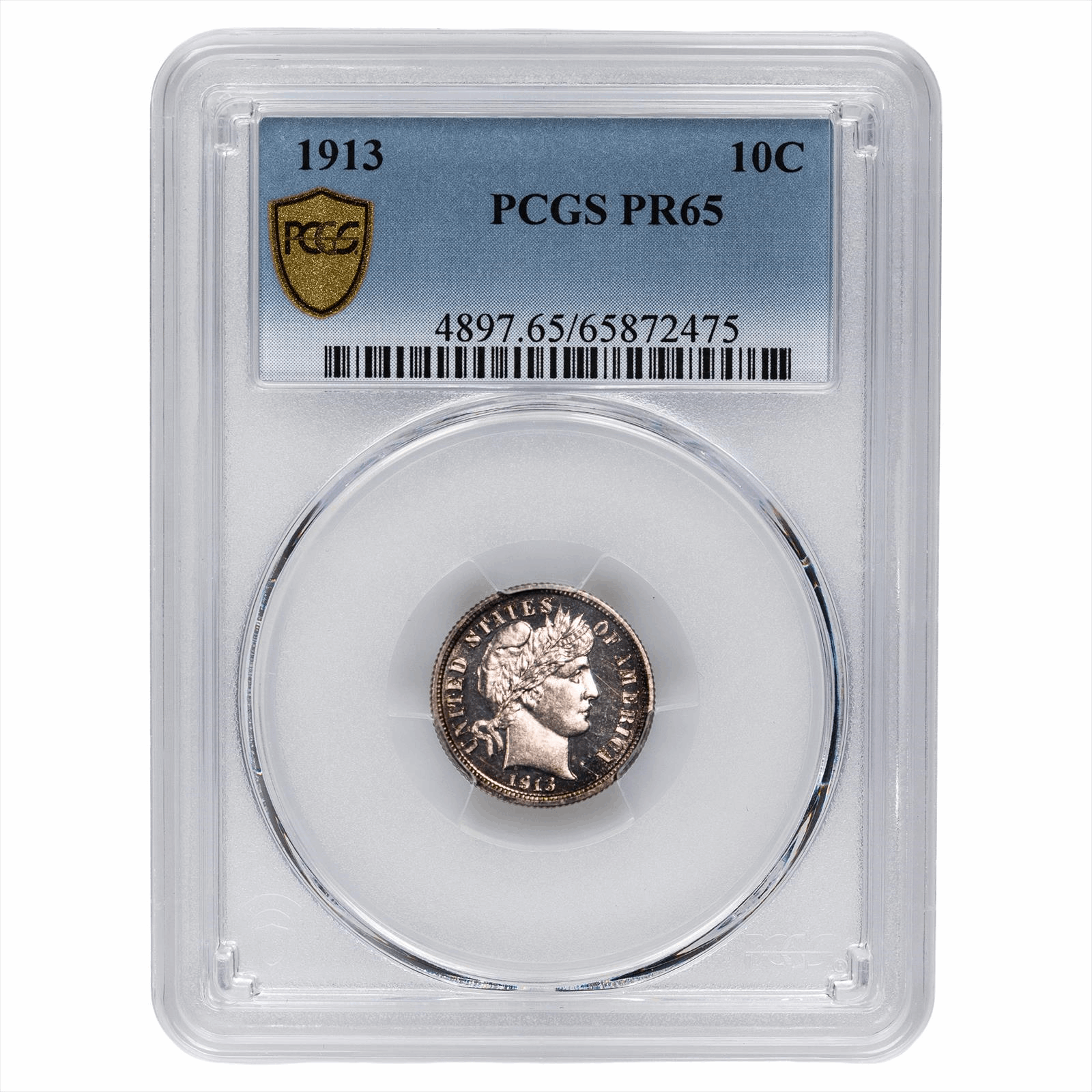1913 Barber Dime 10C PCGS PR 65 