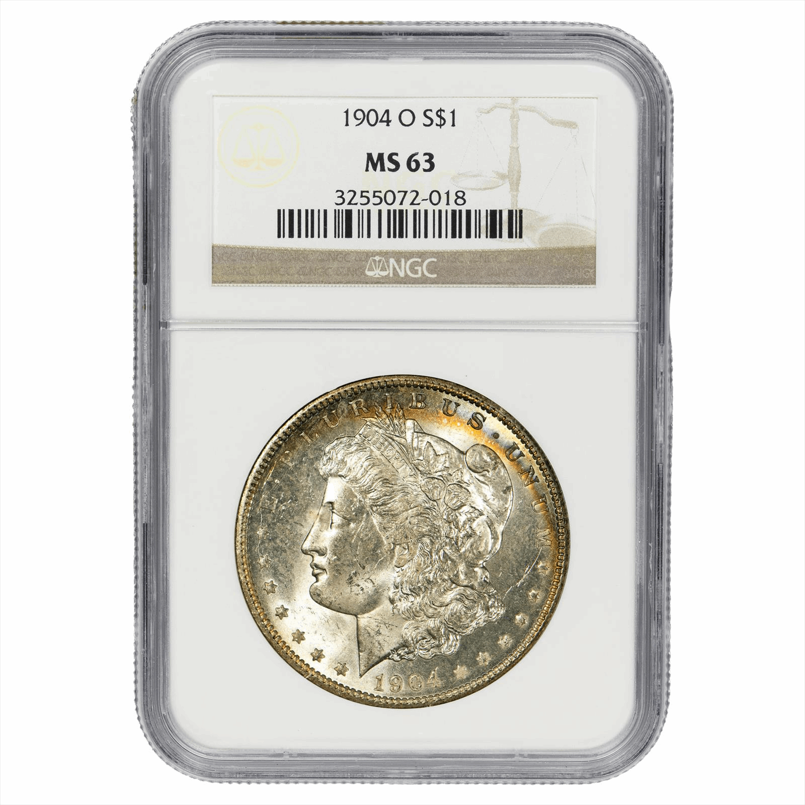 1904-O Morgan Silver Dollar $1 NGC MS 63 - Crescent Rainbow Toned