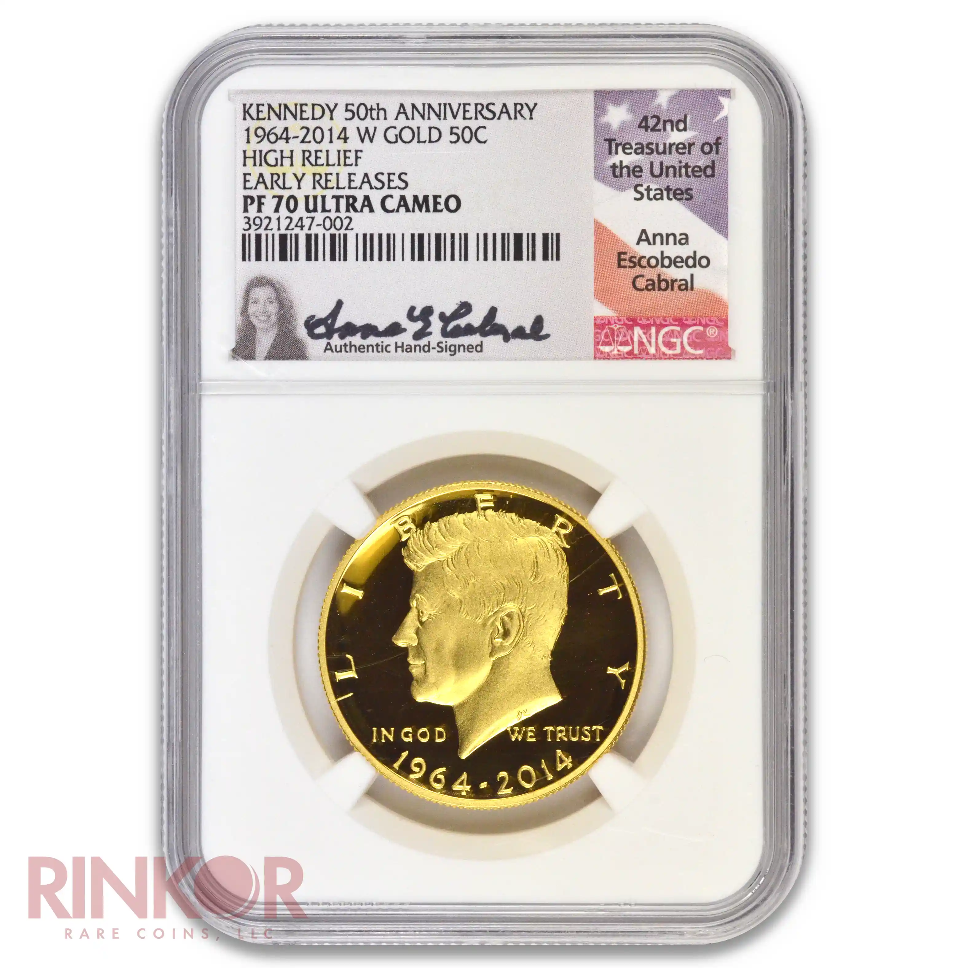 2014-W 3/4oz Gold Kennedy Half Dollar 50th Anniversary Early Releases Cabral Sig NGC PF 70