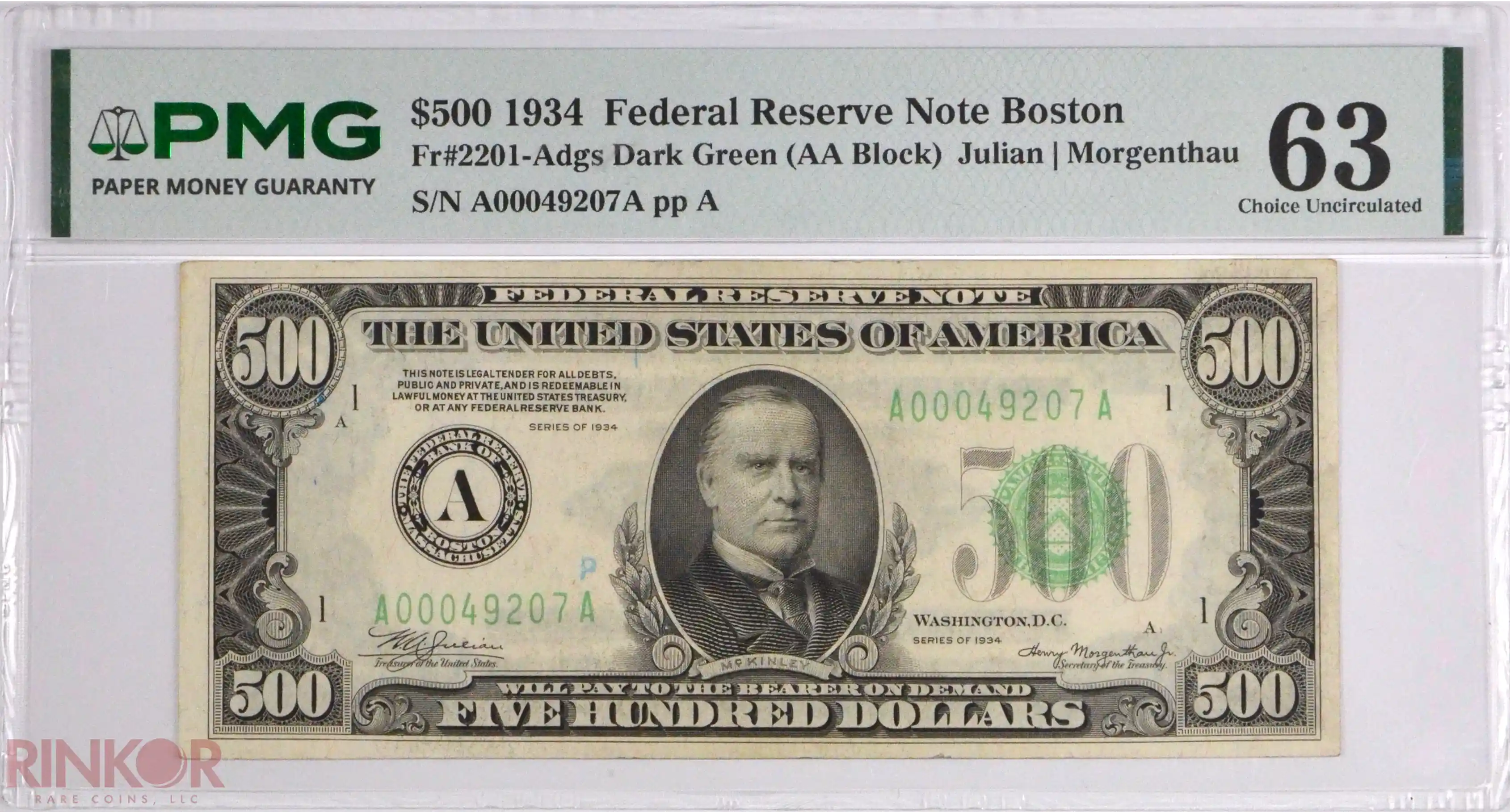 1934 $500 Fr. 2201-Adgs Federal Reserve Note PMG CU 63