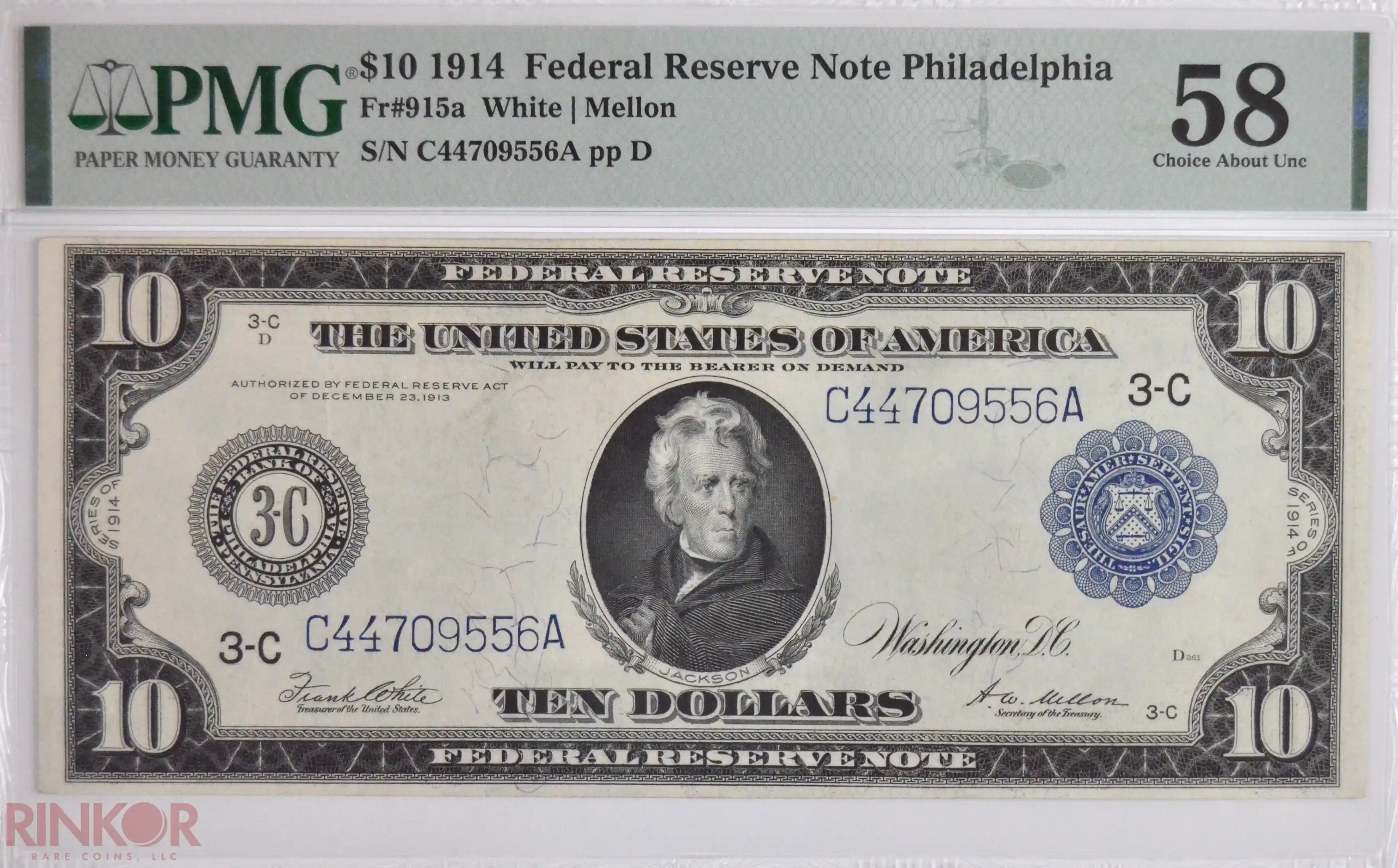 1914 $10 Fr. 915a Philadelphia Federal Reserve Note PMG AU-58