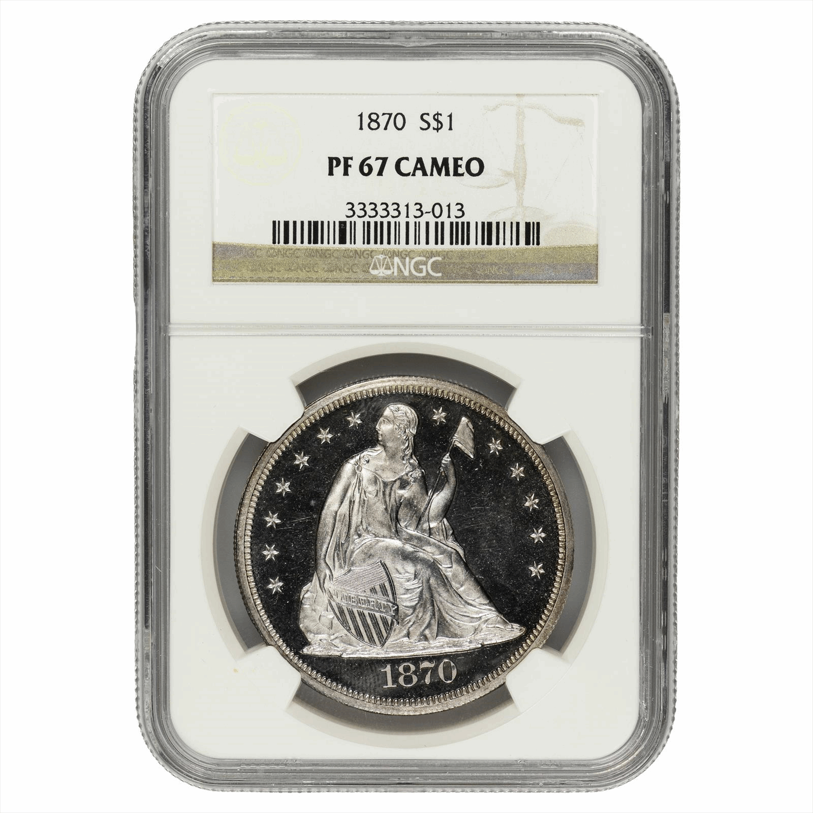 1870 Seated Liberty Dollar $1, NGC PF67 Cameo - Tied for Finest