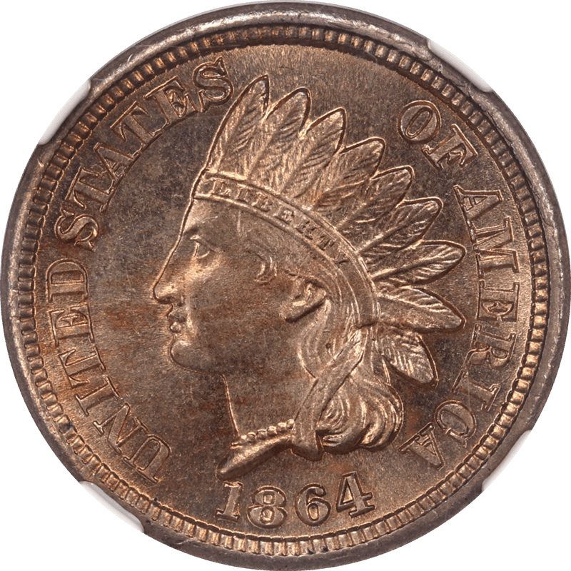 1864 T1 Indian Cent 1c NGC MS 64 CAC