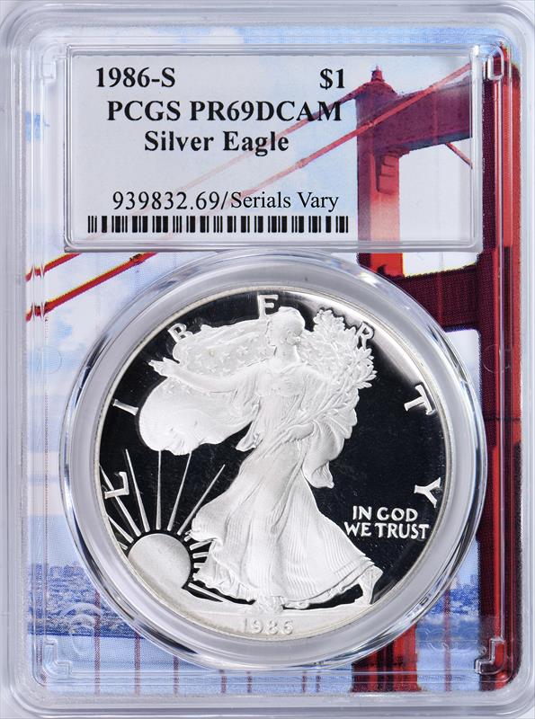 1986-S Proof Silver Eagle Silver Dollar PCGS PR69DCAM San Francisco Holder 