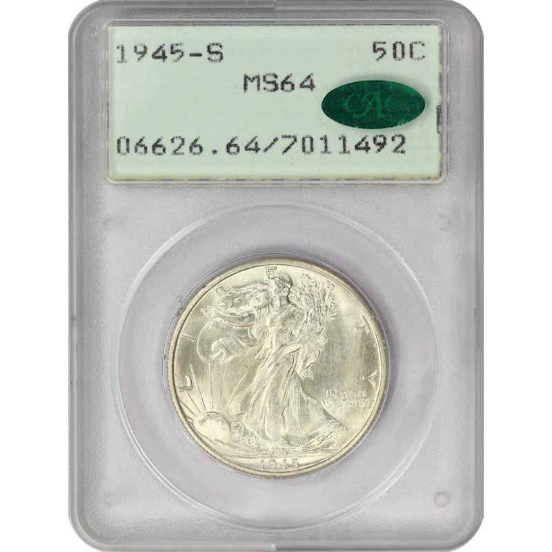 1945-S WALKING LIBERTY Half Dollar PCGS  MS64 CAC Certified - Old Green Rattler