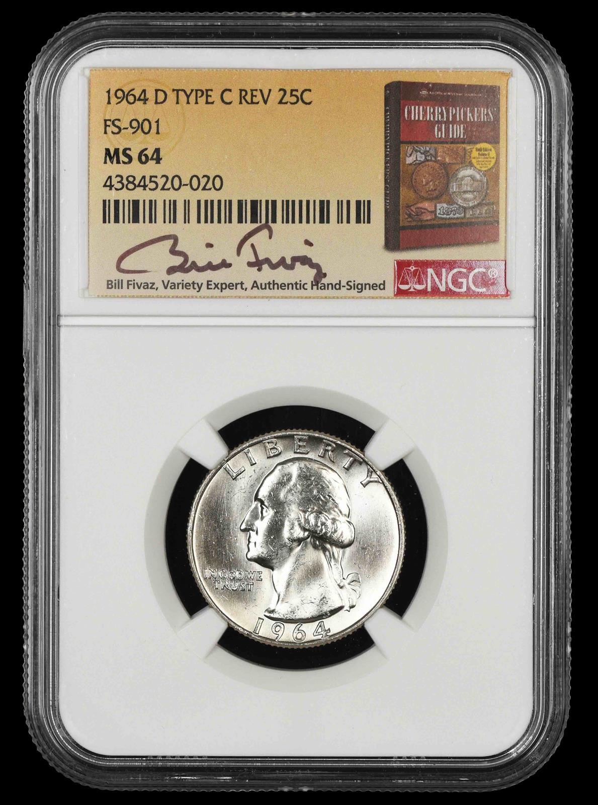 1964 D Washington Quarter NGC MS64 Type C Reverse FS-901 Bill Fivaz Signature Label MS64