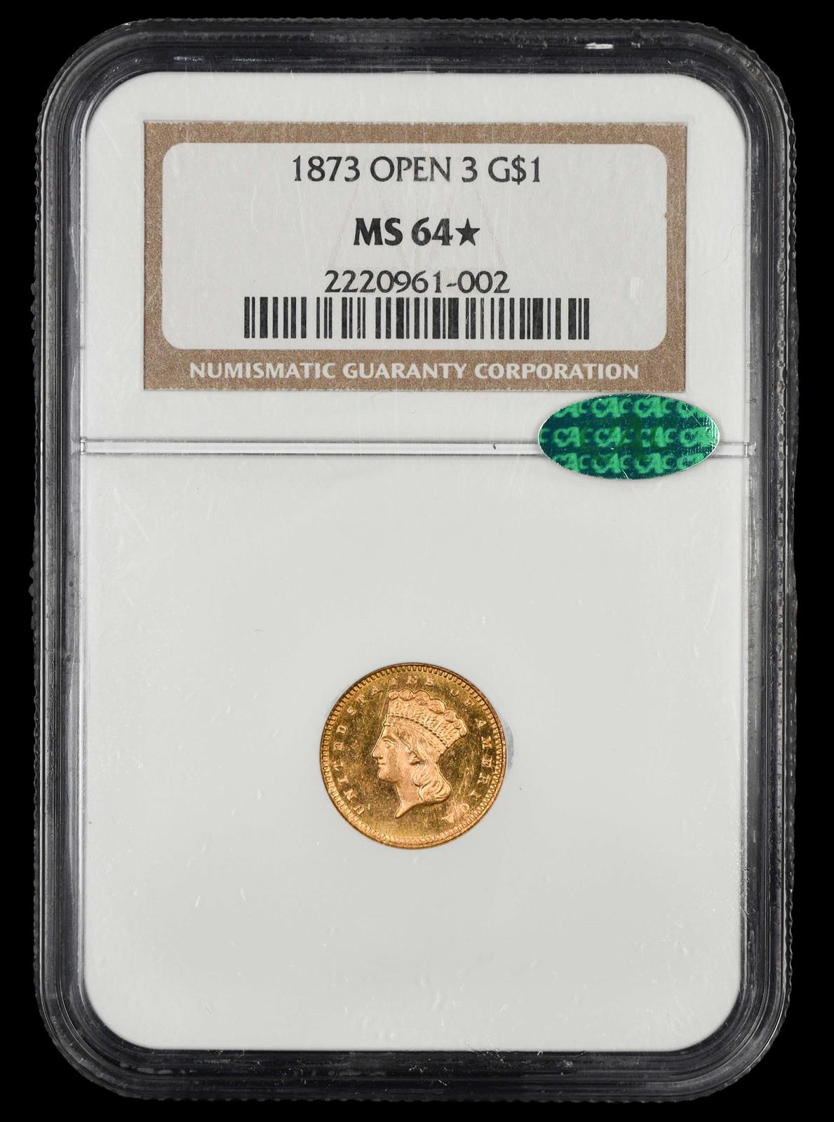 1873 Open 3 $1 Gold NGC MS 64 * CAC