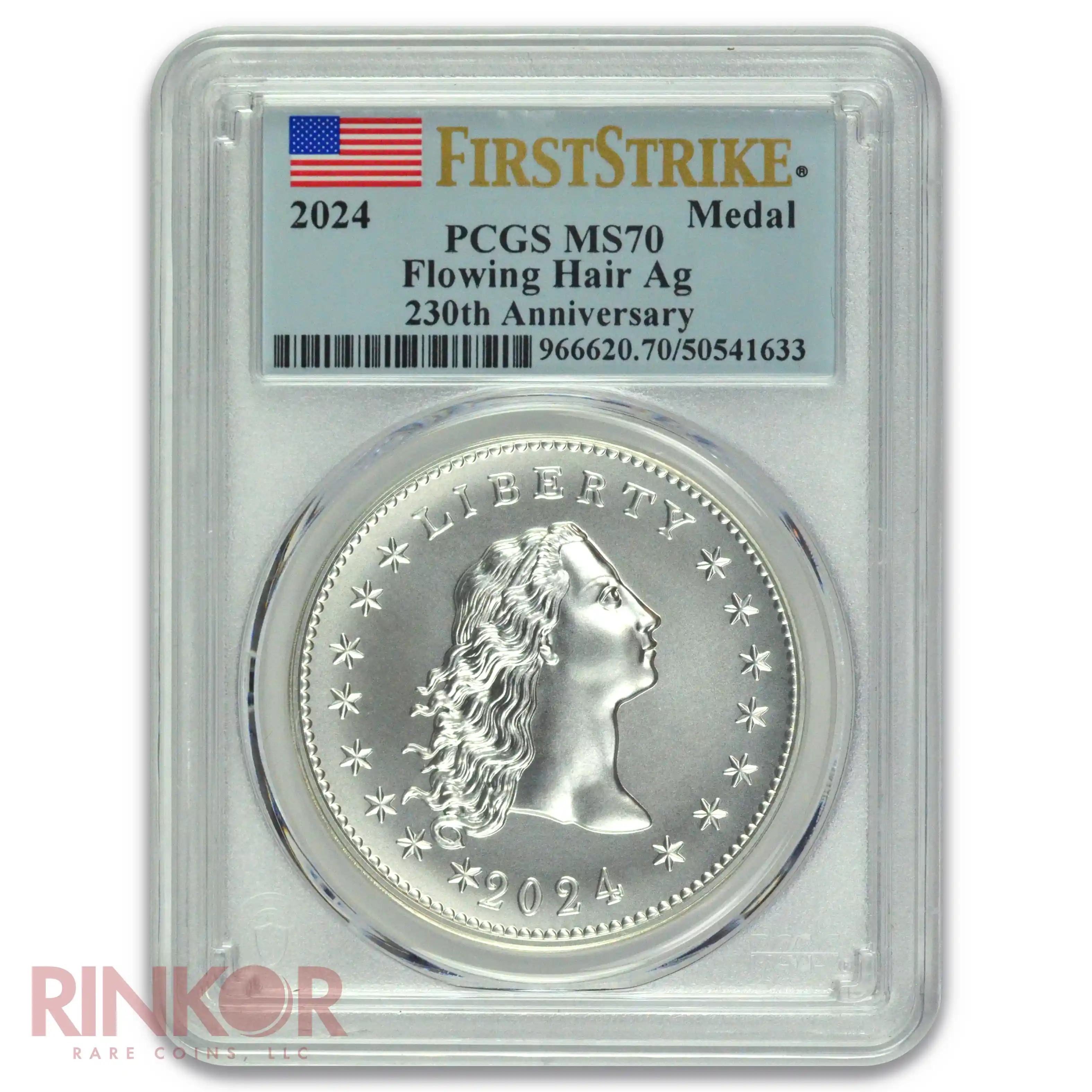 2024 Flowing Hair 230th Anniversary 1oz Silver Medal First Strike Flag Label PCGS MS 70