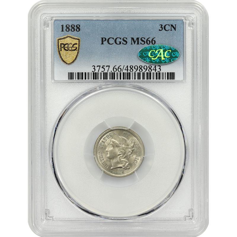 1888 3c Three Cent Nickel - PCGS MS66 CAC - Lustrous - Excellent Detail