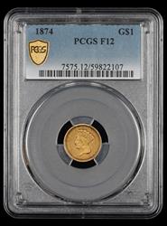 1874 $1 Gold PCGS F-12