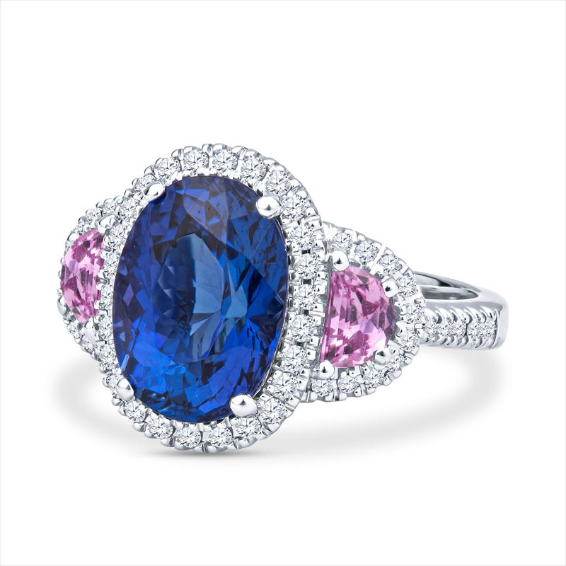Natural Oval Tanzanite and Pink Sapphire Platinum Ring with Diamond Halo 
