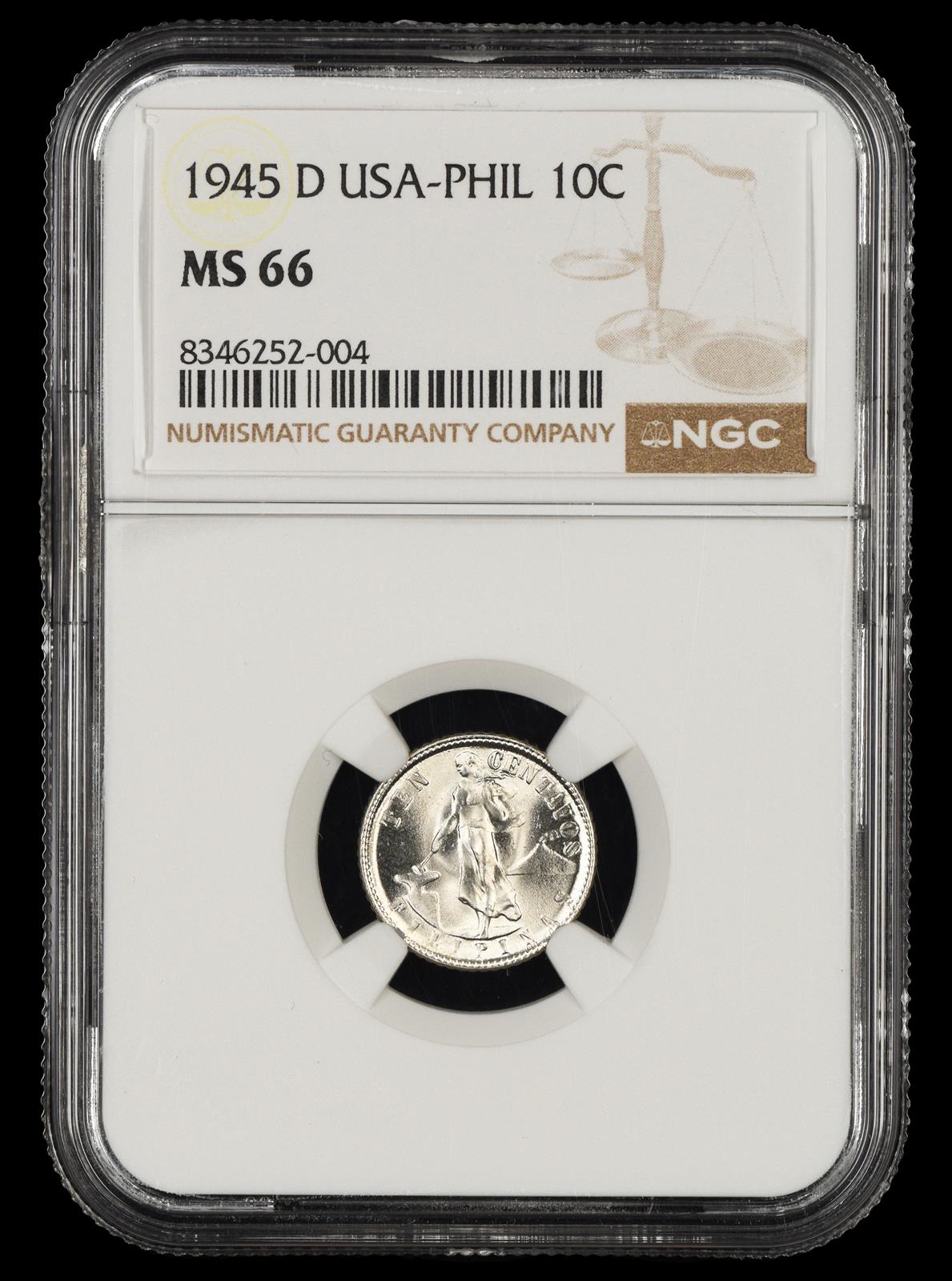 1945 D Philippines 10 Centavos NGC MS66