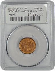 1909-S VDB Lincoln PCGS CAC RD 64