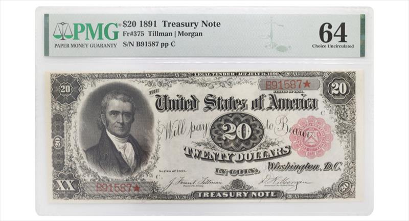 1891 $20 Treasury Note Fr# 375 - PMG Choice UNC 64 - Tillman / Morgan