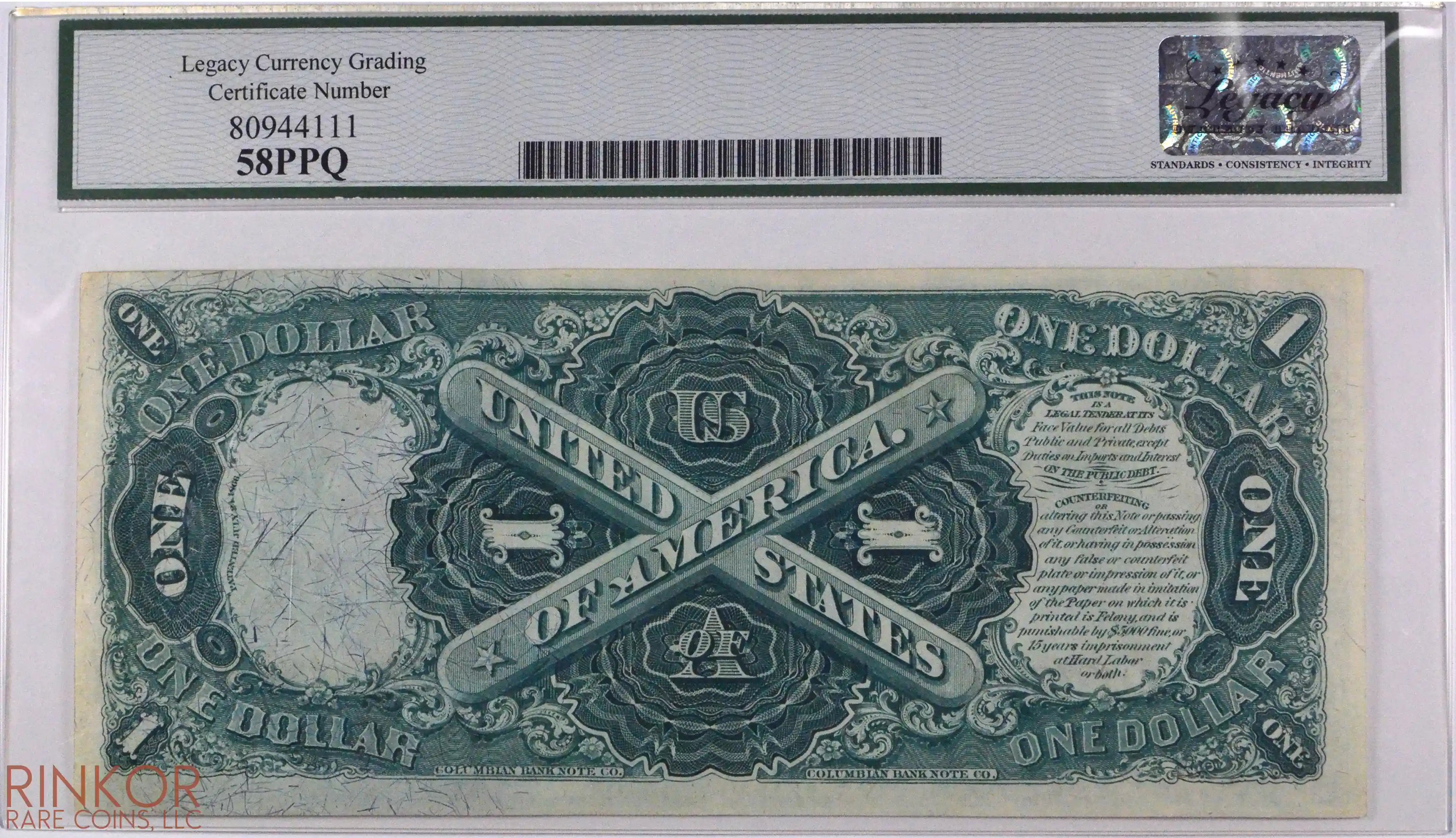1875 $1 Fr. 20 Legal Tender LCG AU-58 PPQ