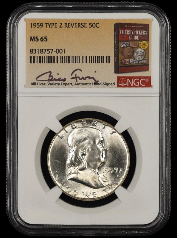 1959 P T2 Reverse Franklin Half Dollar Bill Fivaz Signature Label NGC  MS 65