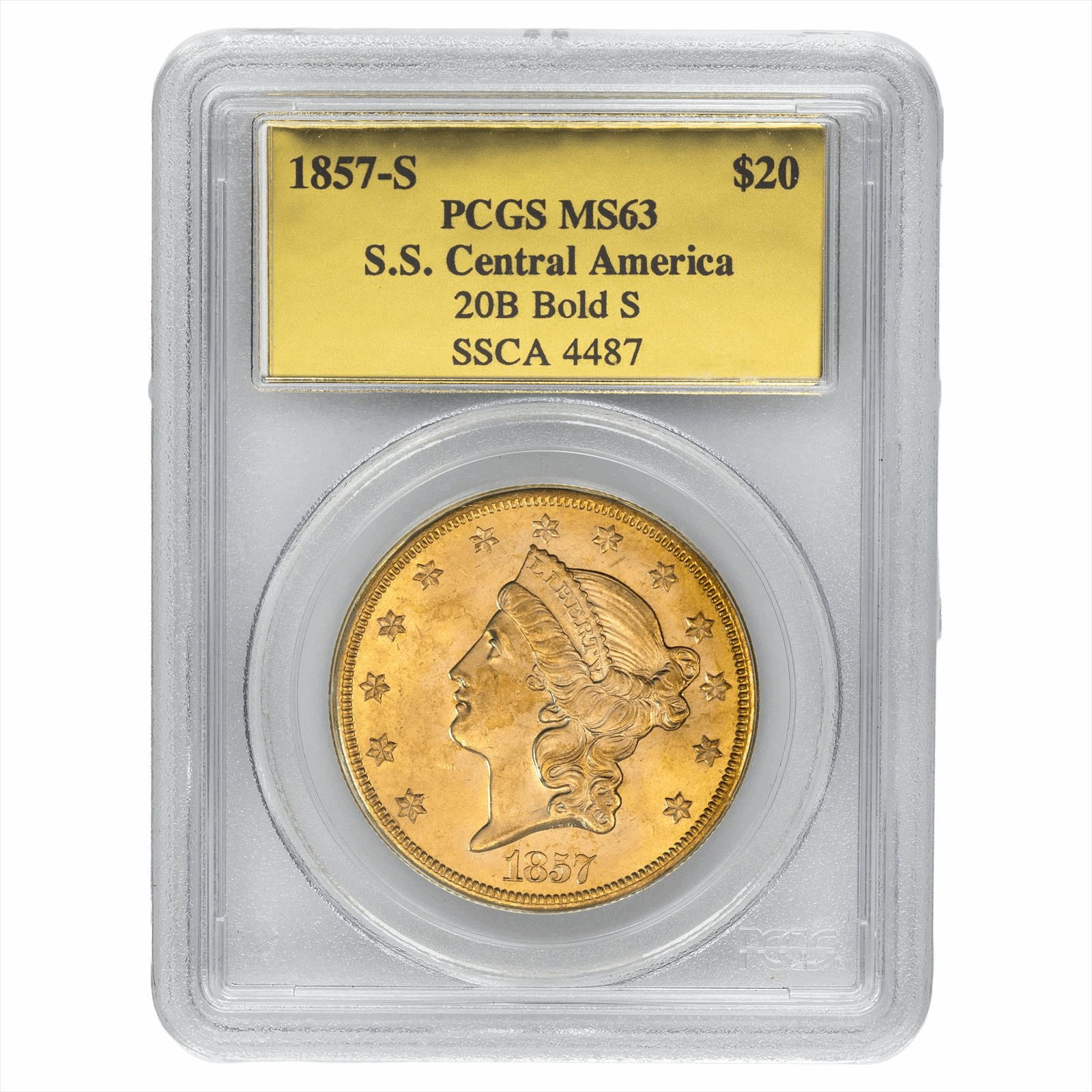 1857-S Liberty Head Gold Double Eagle $20 SSCA 20B Bold S PCGS MS 63 