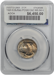 1920-S Buffalo PCGS CAC MS 64 +