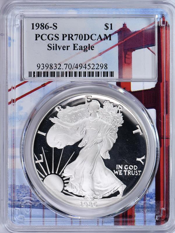1986-S Proof Silver Eagle Silver Dollar PCGS PR70DCAM San Francisco Holder 