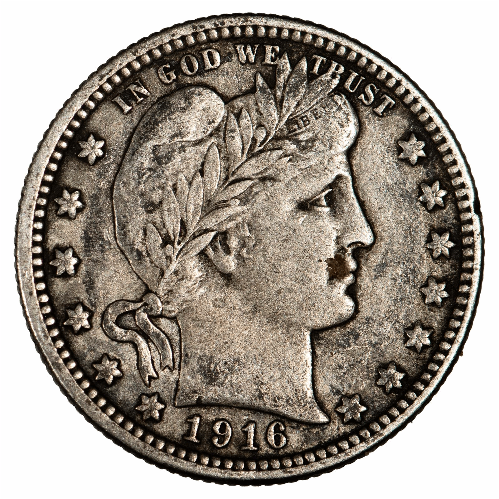 1916D Barber Quarter 25C Raw 