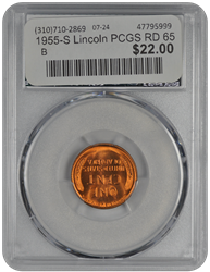 1955-S Lincoln PCGS RD 65