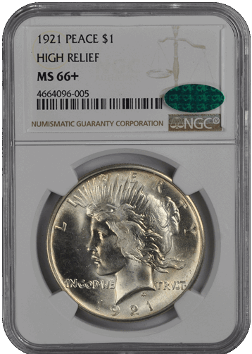 1921 Peace Dollar HIGH RELIEF S$1 NGC  (CAC) #3600-1 MS66+