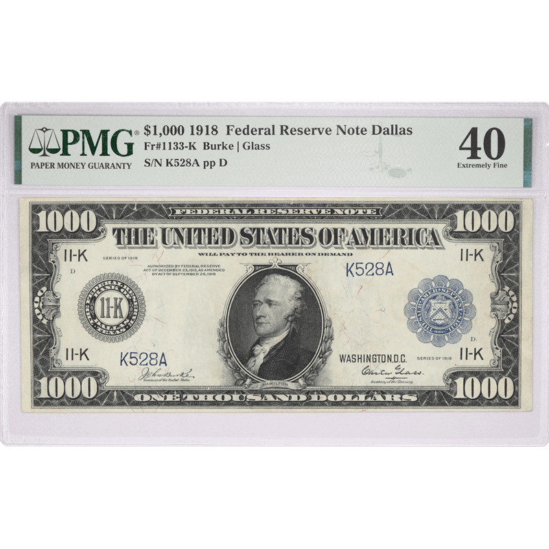 Fr. 1133-K 1918 $1000 Federal Reserve Note, Dallas, PMG  Extremely Fine 40 - One of Three