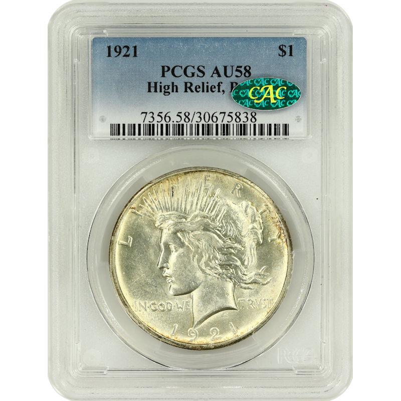 1921 Silver PEACE Dollar $1 PCGS and CAC AU58 T1 High Relief