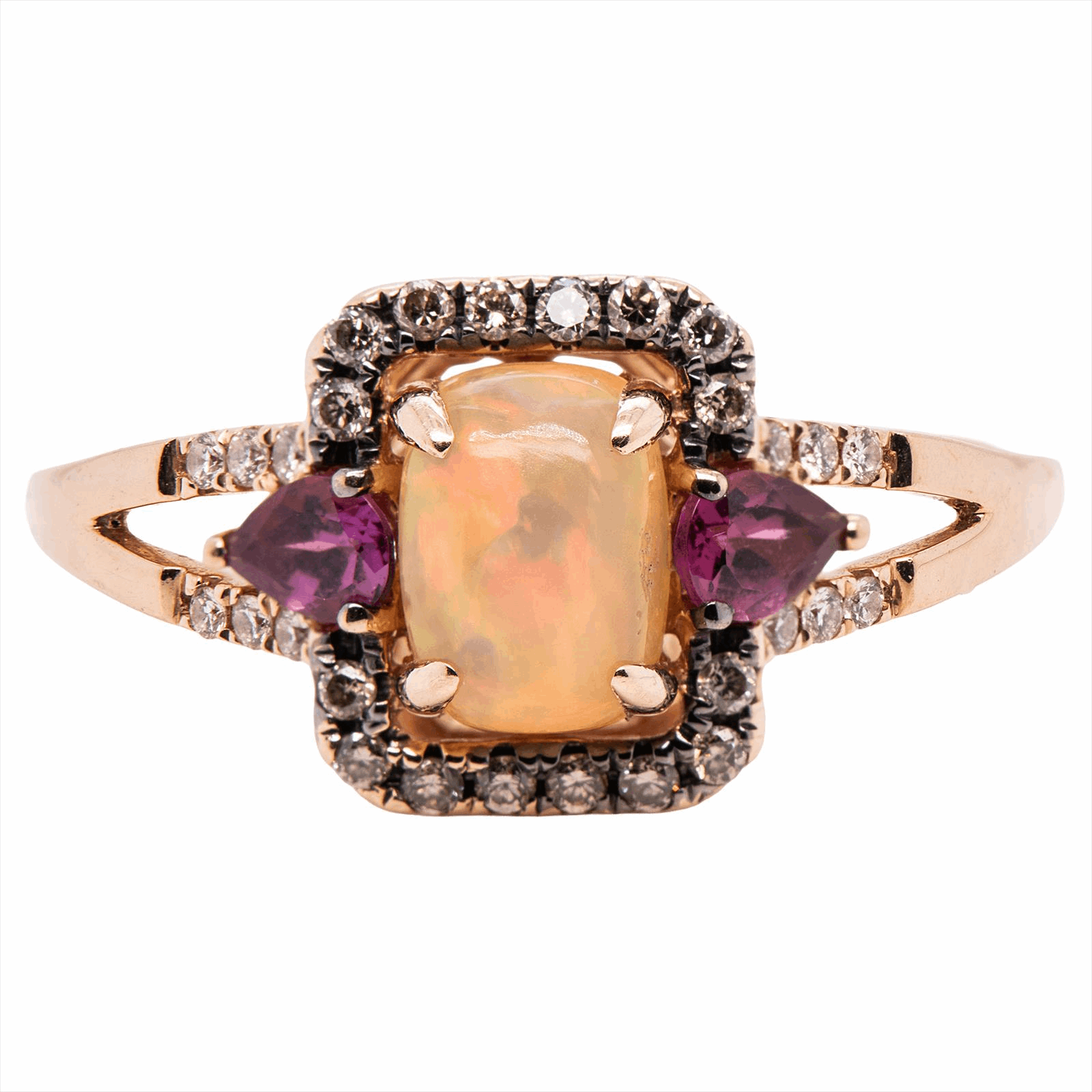 14K Rose Gold, Opal, Rhodolite Garnet and Diamond Ring - Size 9.5 - .18ct Diamond .86ct Opal 