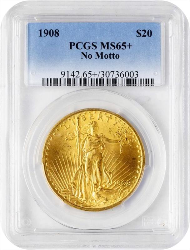 1908 $20 St. Gaudens Gold, No Motto, MS65, PLUS, PCGS 