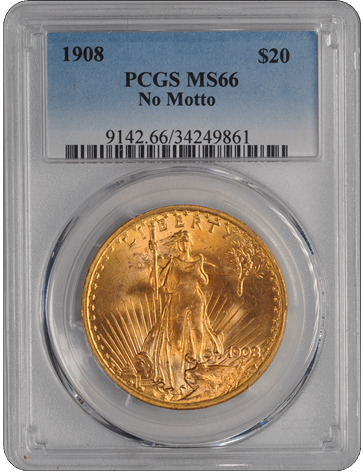 1908 $20 No Motto Saint Gaudens PCGS  #3684-12 MS66