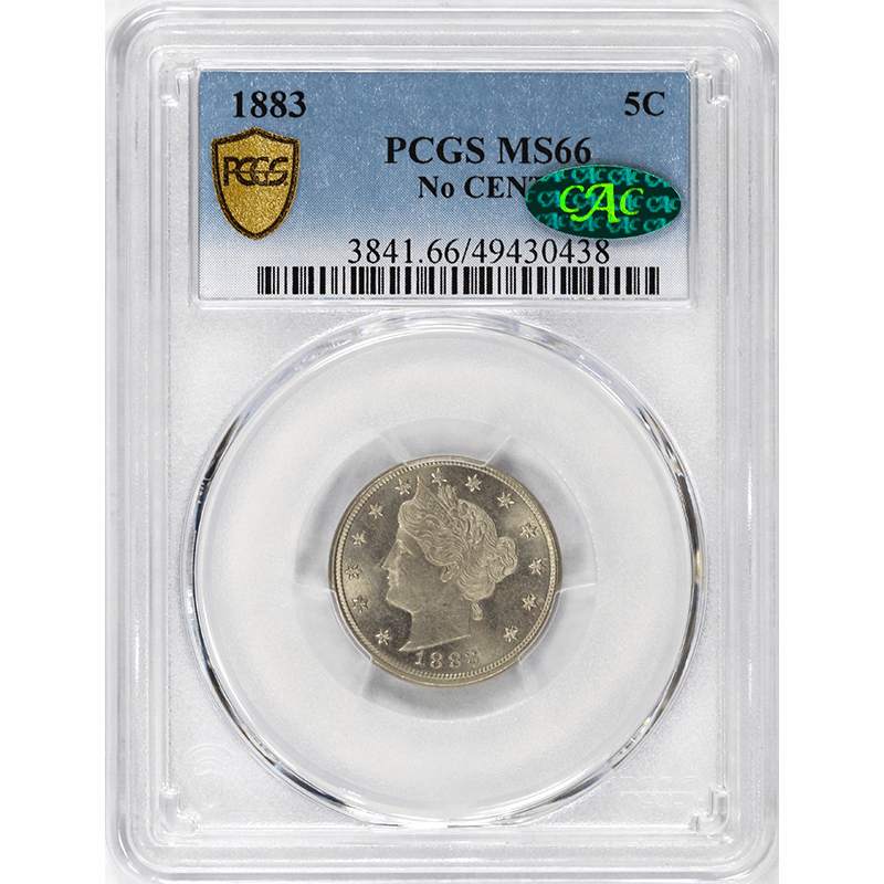 1883 5c Liberty V Nickel NO CENTS - PCGS MS66 CAC - PQ++ - Great Luster