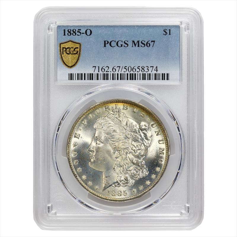 1885-O Morgan Silver Dollar $1, PCGS  MS67 - Lovely, Light Gold Rim Toning